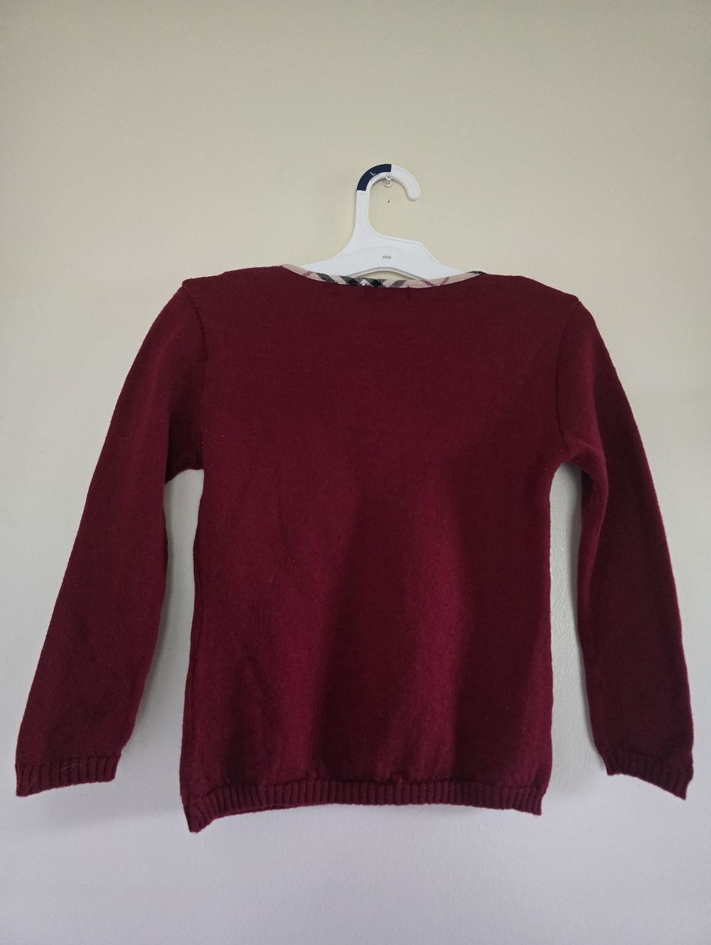 Burberry Blue Label Japanese Wool Burgundy V-Neck Sweater Nova Check Trim Rare - Picture 9 of 12